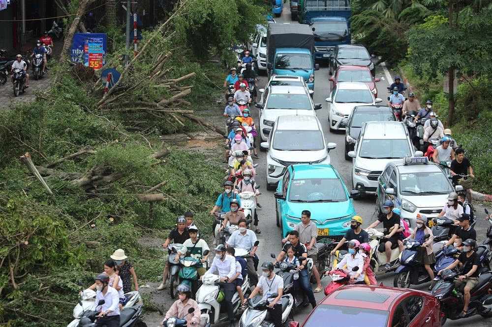 Nhiều tuyến phố ở Hà Nội còn cây xanh chắn ngang, đường ùn tắc