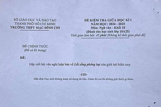 Tranh cãi xung quanh đề kiểm tra ngữ văn bàn về lối sống phông bạt