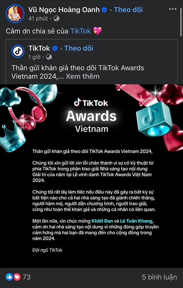 Đơn vị tổ chức TikTok Awards 2024 xin lỗi công khai, động thái của MC Hoàng Oanh gây chú ý-3
