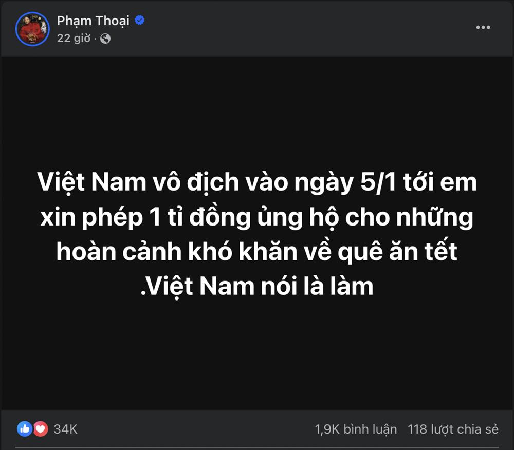 Tiktoker Phạm Thoại tuyên bố sẽ mạnh tay chi 1 tỷ để làm điều ý nghĩa nếu Việt Nam đánh bại Thái Lan ở chung kết AFF Cup-1